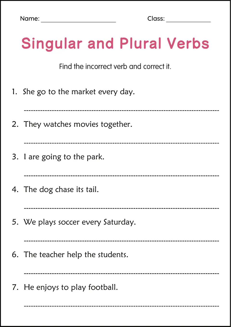 Find and fix: students locate the incorrect verb in 7 sentences, such as I are going to the park, and correct it