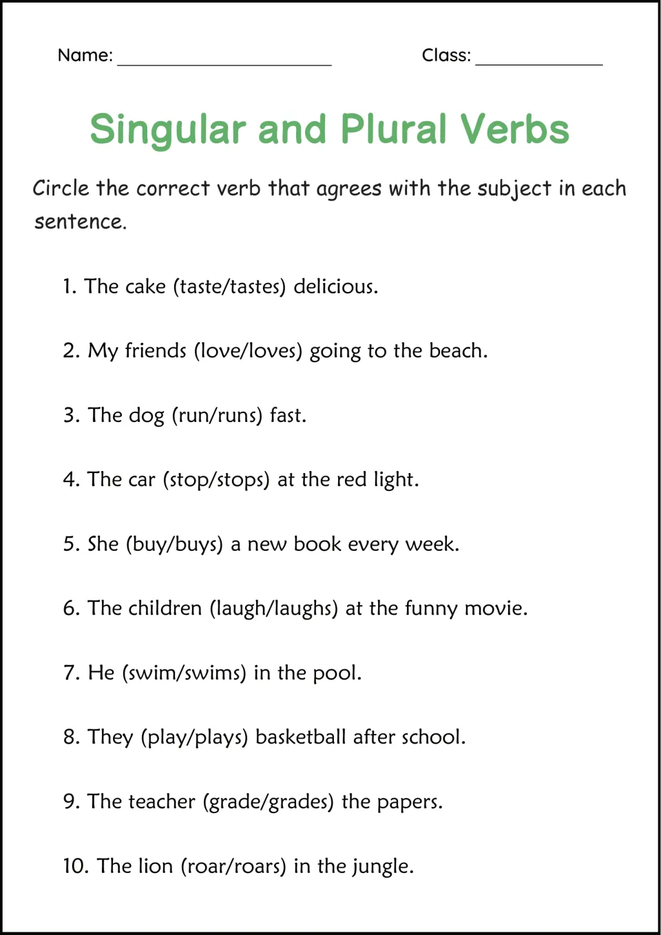 Subject-verb agreement: students circle the verb in 10 sentences, from The cake (taste/tastes) to The lion (roar/roars)