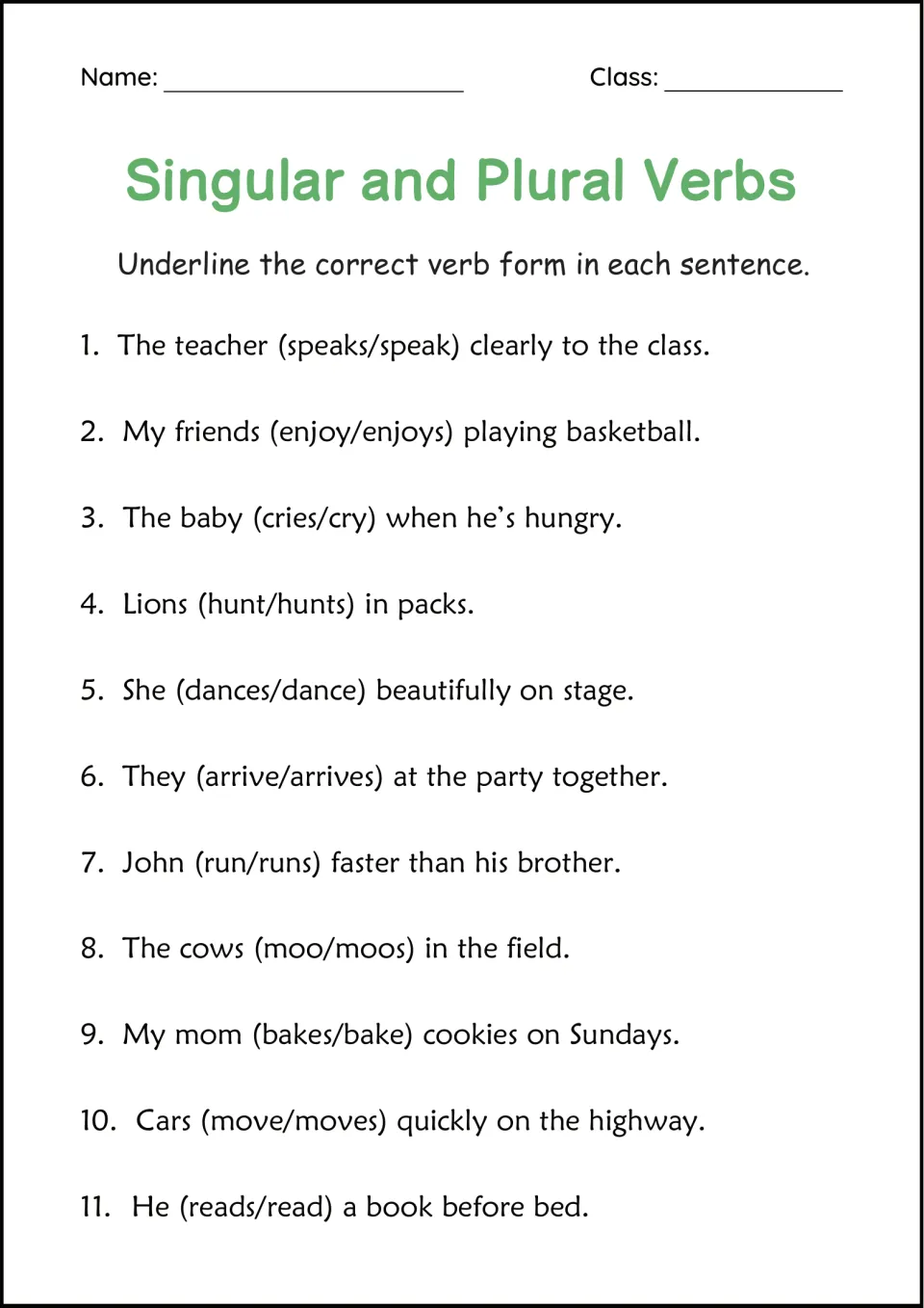 Singular and plural verbs: students underline the correct verb form in 11 sentences, like Lions (hunt/hunts) in packs