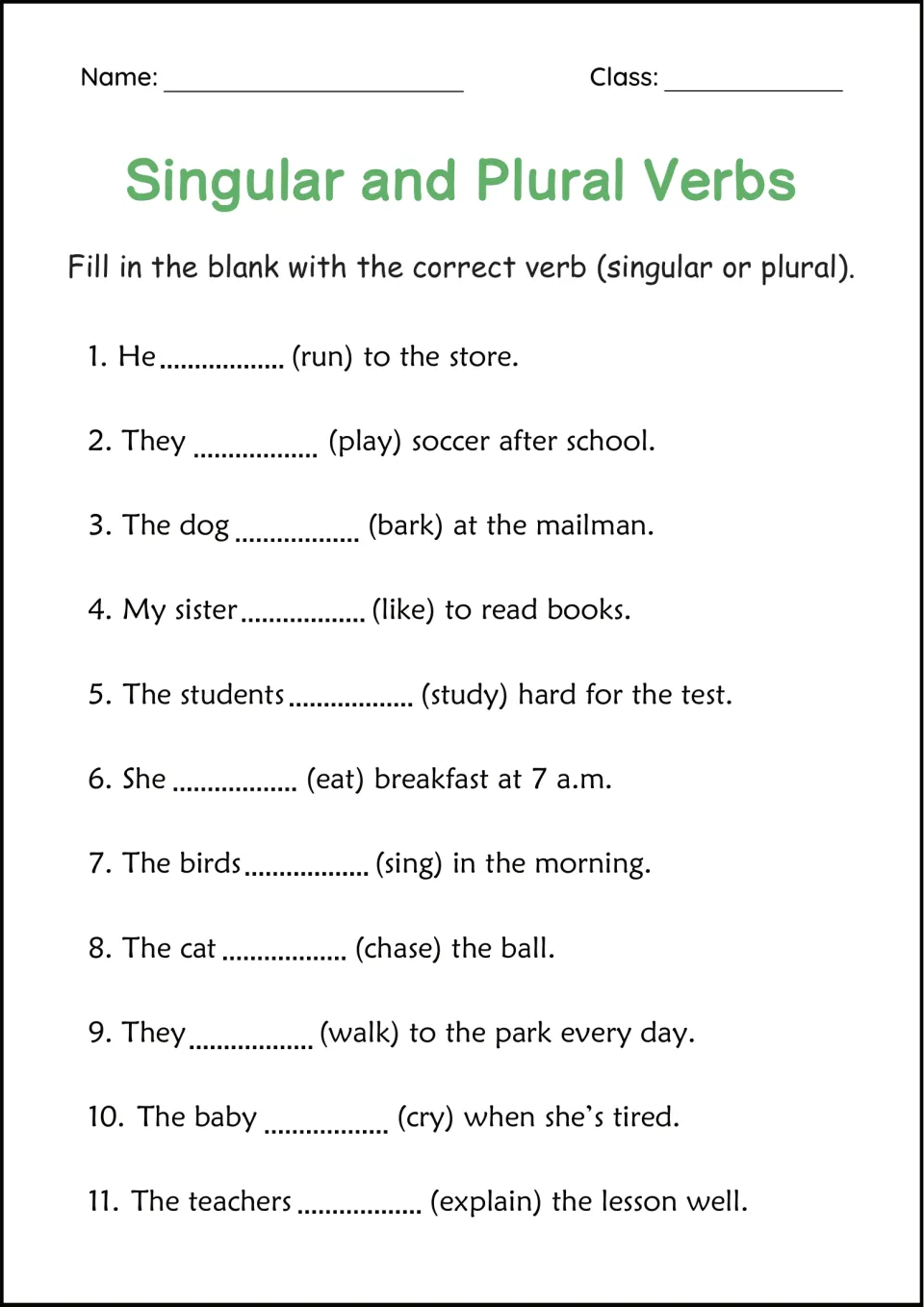 Verb agreement fill-in: students write the correct form of the bracketed verb, such as run, play or bark, in 11 sentences