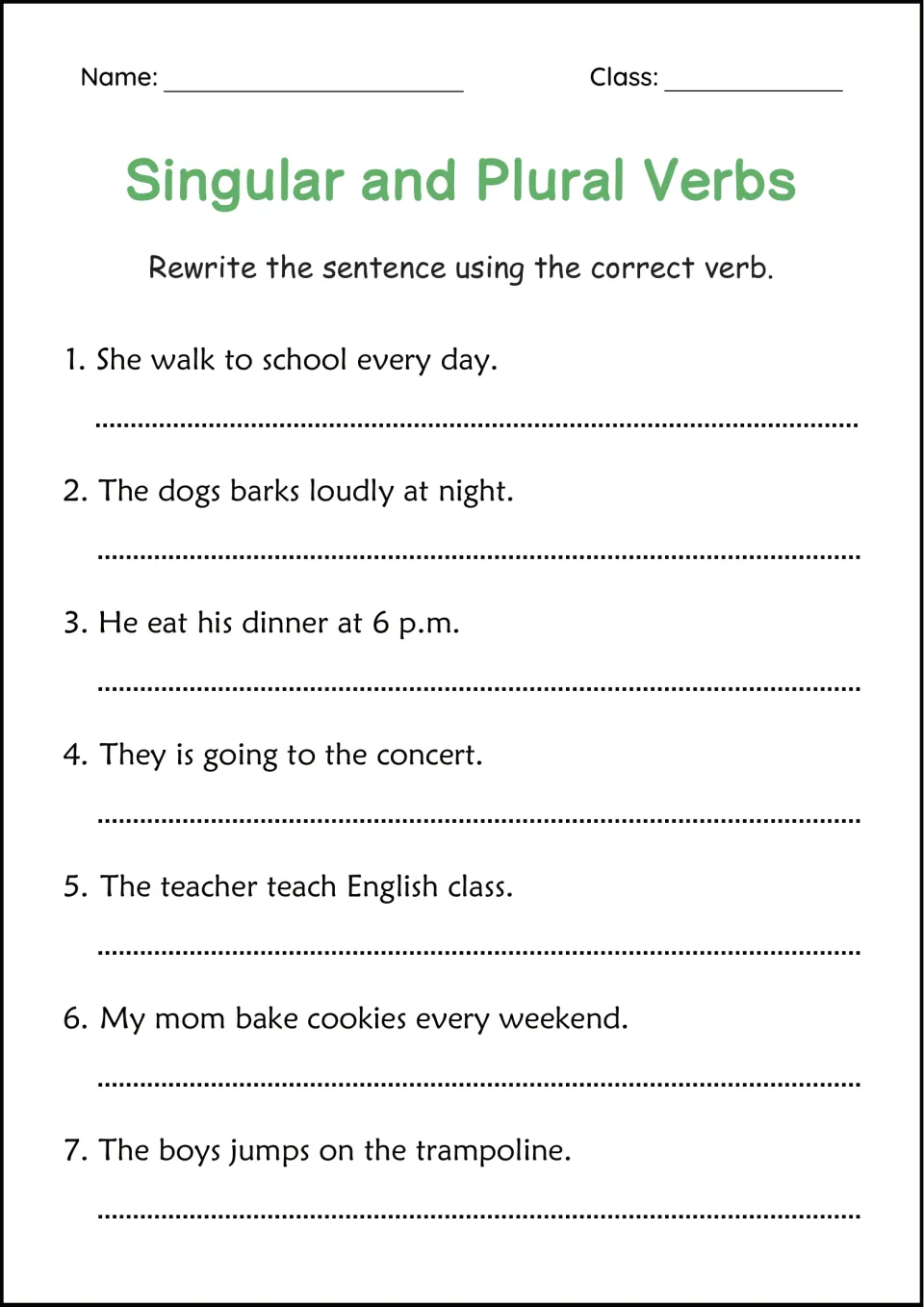Fixing subject-verb agreement: students rewrite 7 incorrect sentences, like She walk to school, using the correct verb