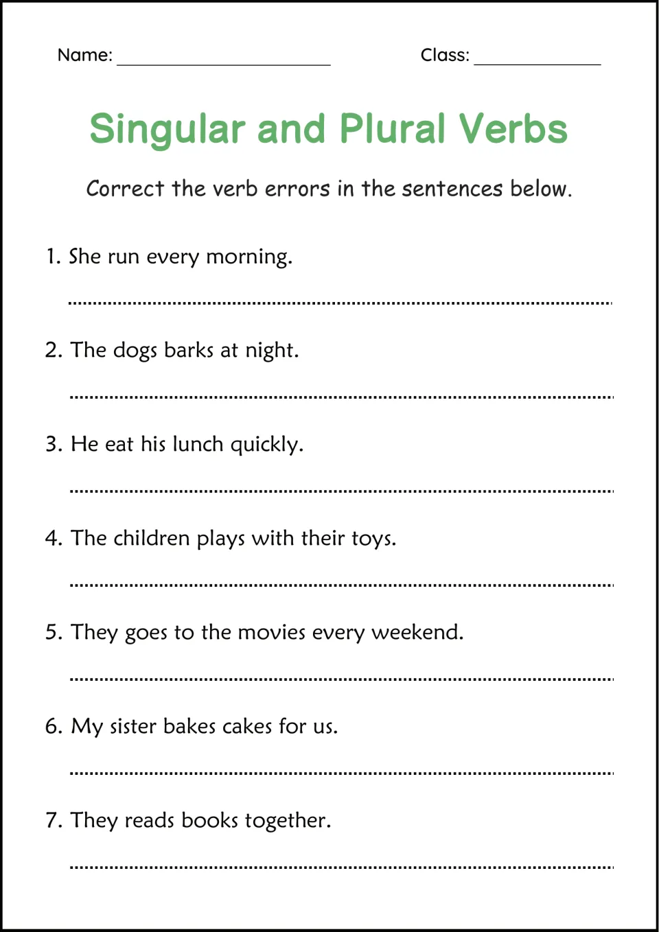 Verb error correction: students check 7 sentences, such as They goes to the movies, and correct the agreement mistakes