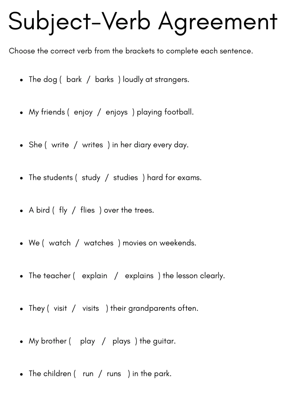 Subject-verb agreement: students choose the correct verb in brackets, such as bark or barks, to complete 10 sentences