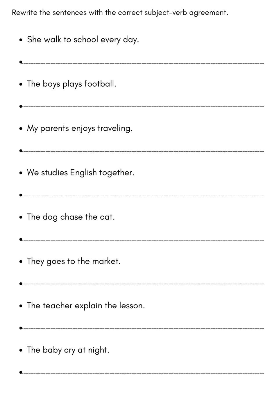 Error correction: students rewrite 8 incorrect sentences, like She walk to school every day, with verbs that agree