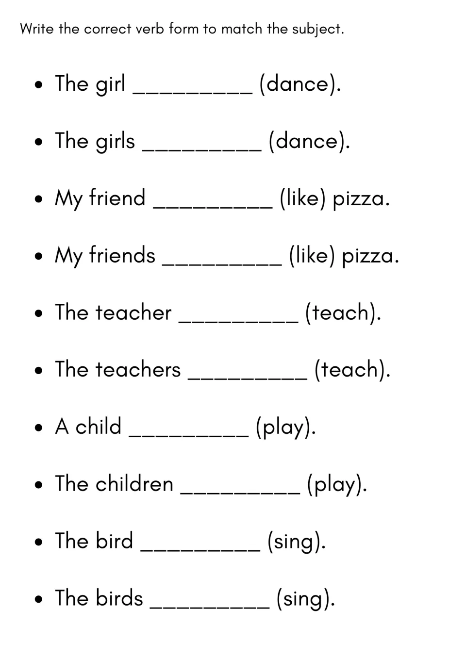 Singular vs plural subjects: students write the verb for 5 paired items such as The girl / The girls (dance)