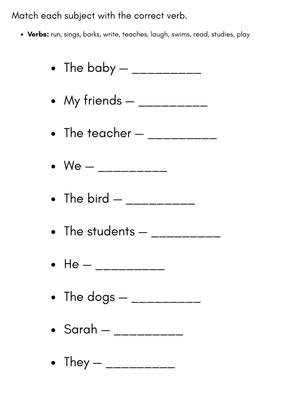 Subject and verb matching: students pair 10 subjects like The baby and We with bank verbs such as sings and laugh