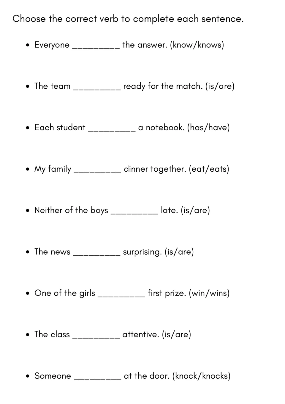 Tricky subjects: students pick is/are or other verb pairs for Everyone, The team, Neither of the boys and The news