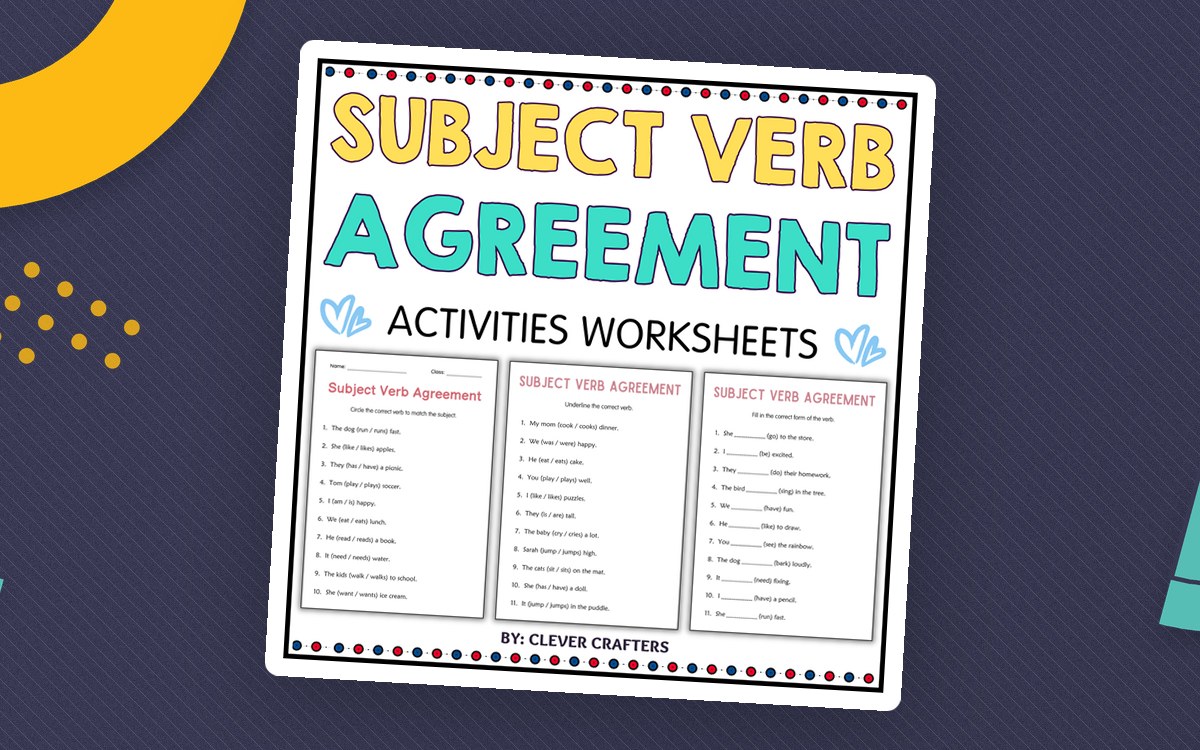 Subject Verb Agreement cover with three grammar worksheet previews.