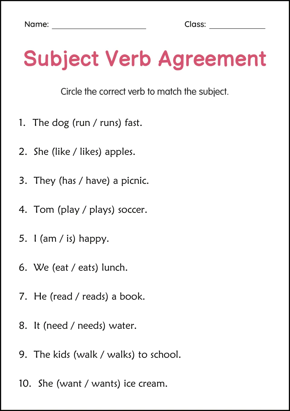 Subject-verb agreement: students circle the matching verb in 10 sentences, such as The dog (run / runs) fast