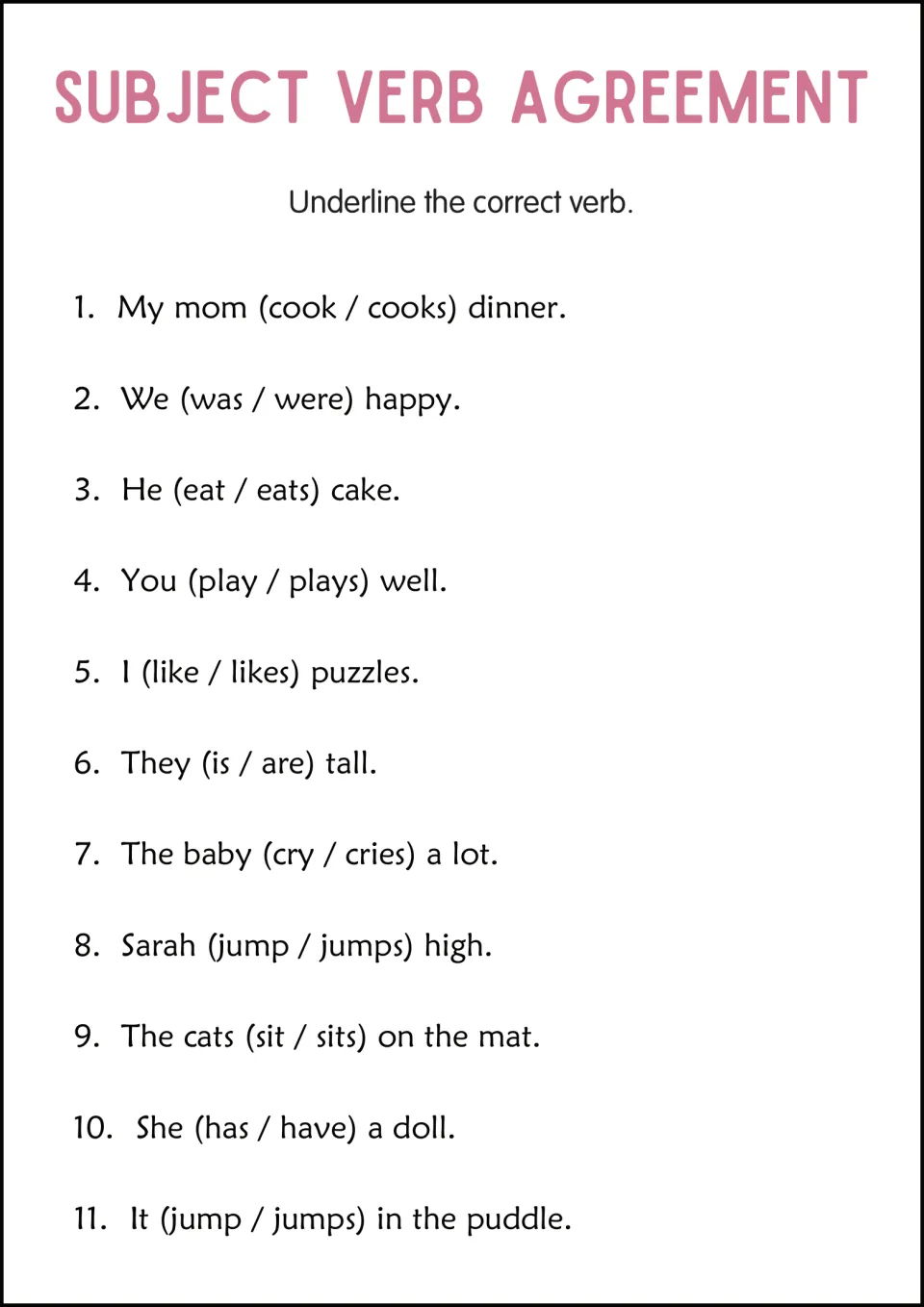 Subject-verb agreement: students underline the correct verb in 11 sentences, including was / were and cry / cries