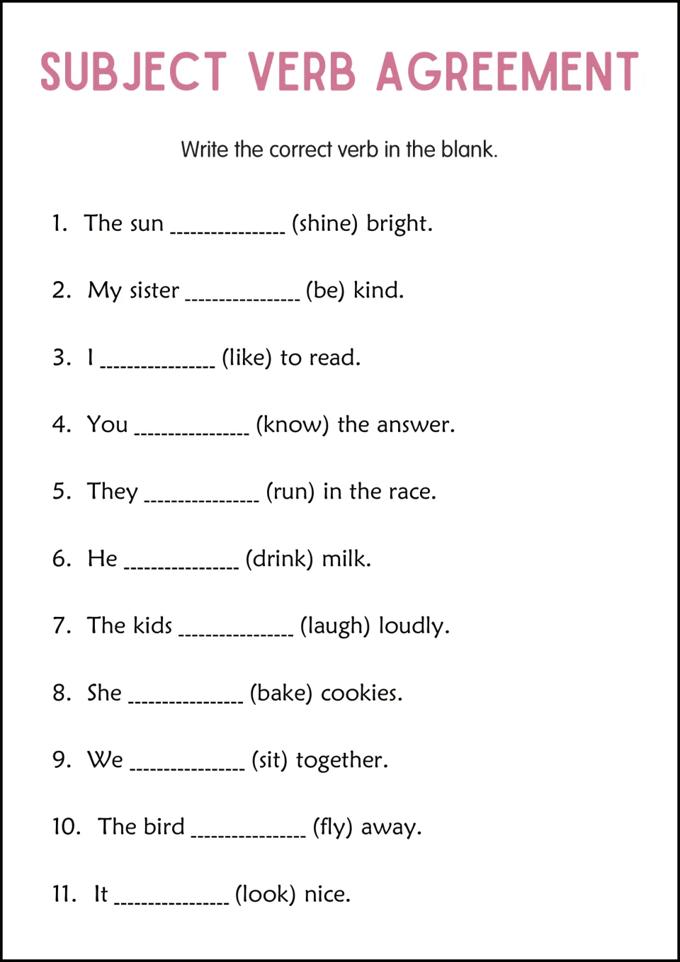 Present-tense verbs: students write the correct verb form for each subject, as in The sun (shine) bright, in 11 blanks