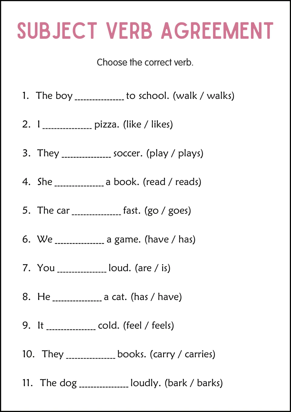 Choosing the correct verb: students fill 11 blanks from paired options such as walk / walks and carry / carries