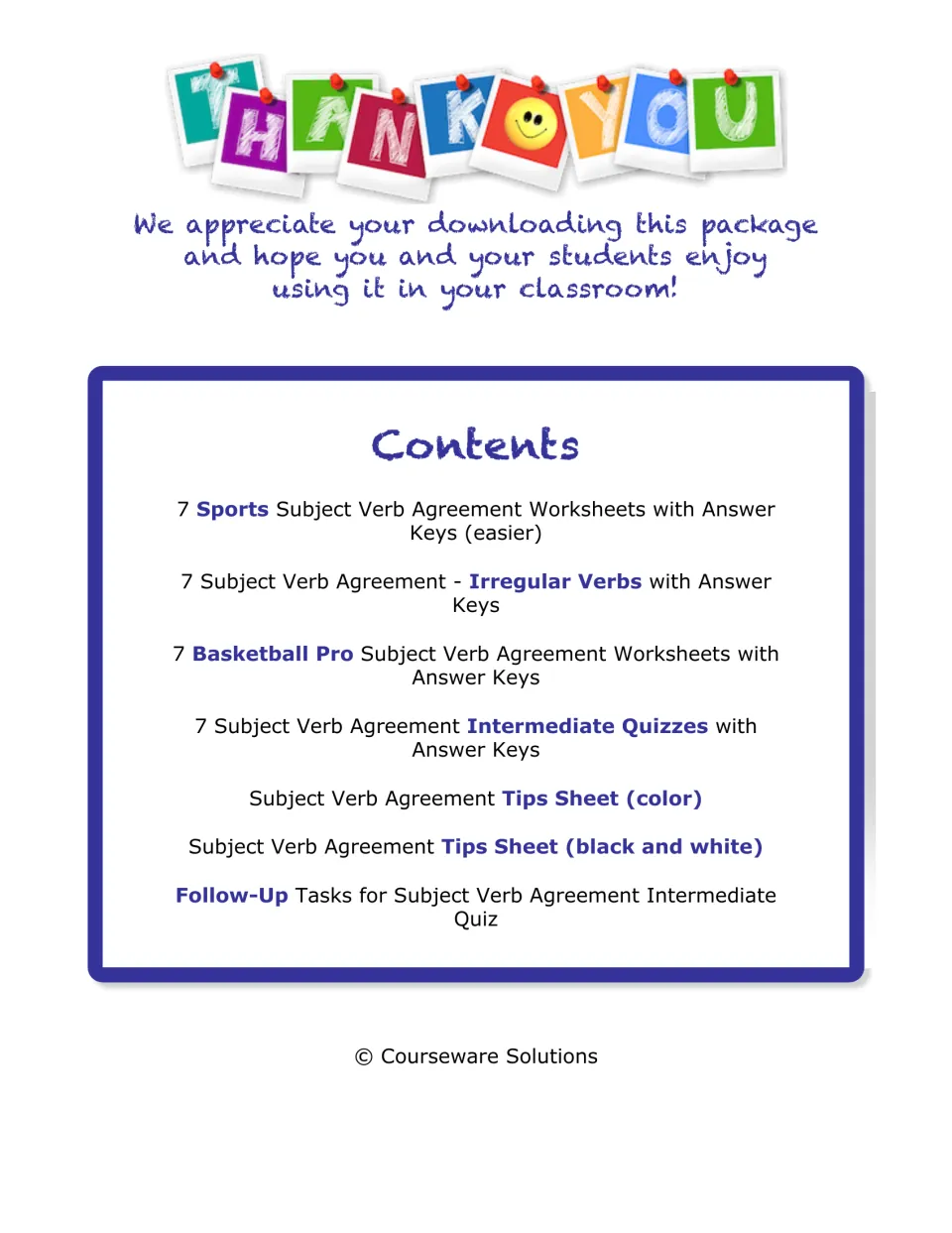 Contents list: four sets of seven subject-verb worksheets and quizzes, answer keys, tips sheets, and follow-up tasks