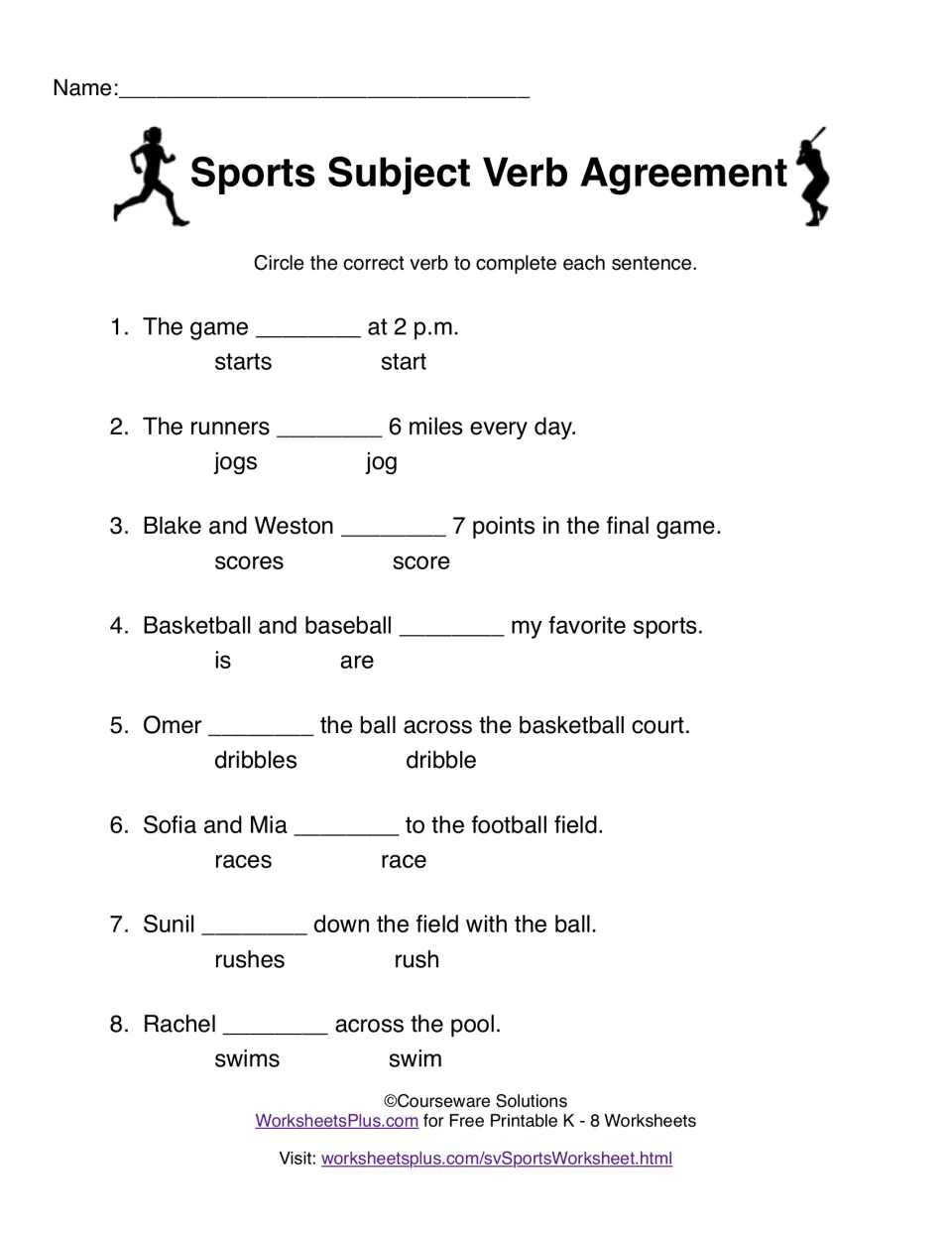 Sports subject-verb practice: eight sentences with choices including starts/start, jogs/jog, and is/are