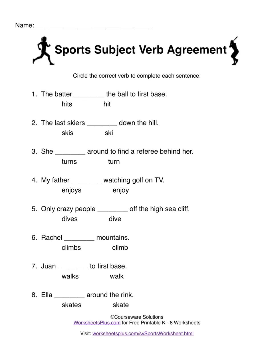 Sports subject-verb practice: eight sentences with choices including hits/hit, skis/ski, and enjoys/enjoy