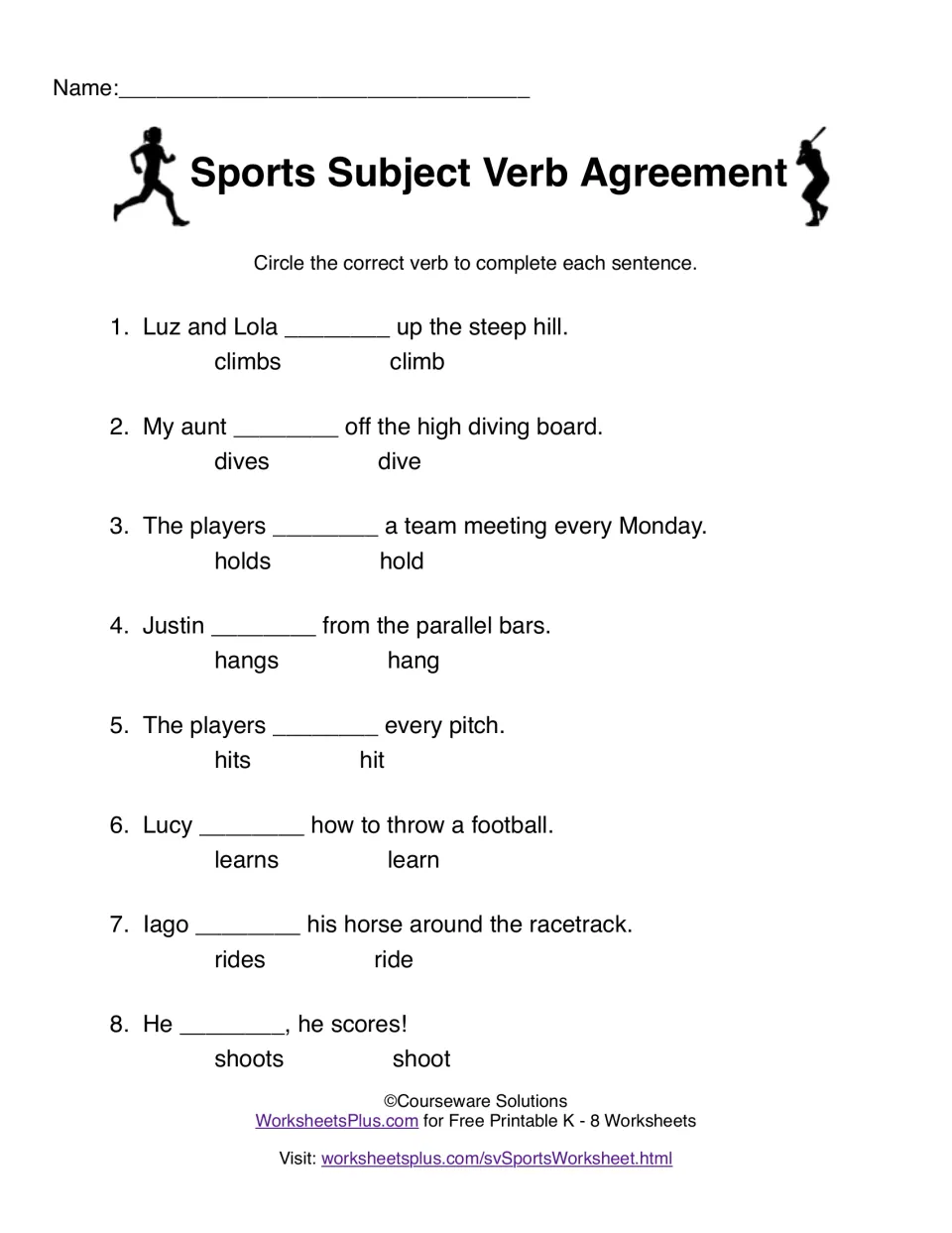 Sports subject-verb practice: eight sentences with choices including climbs/climb, holds/hold, and shoots/shoot