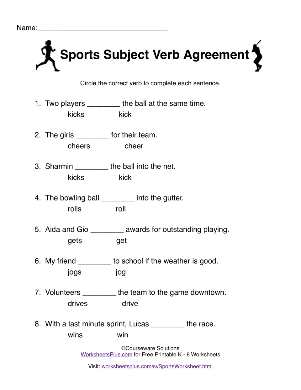 Sports subject-verb practice: eight sentences with choices including kicks/kick, cheers/cheer, and wins/win