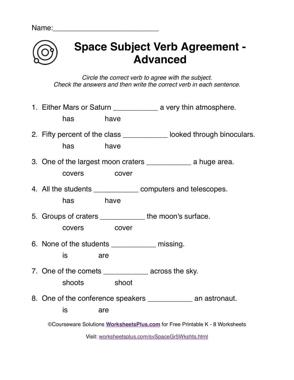 Space-themed subject-verb agreement: students circle has/have, is/are or covers/cover for 8 sentences, then write the verb