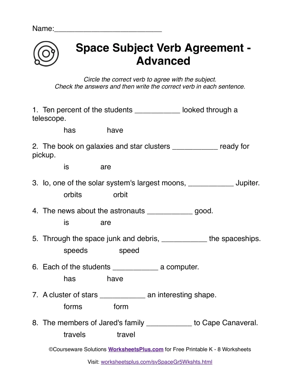 Tricky subjects like ten percent, the news and each of: students circle and write the agreeing verb in 8 space sentences