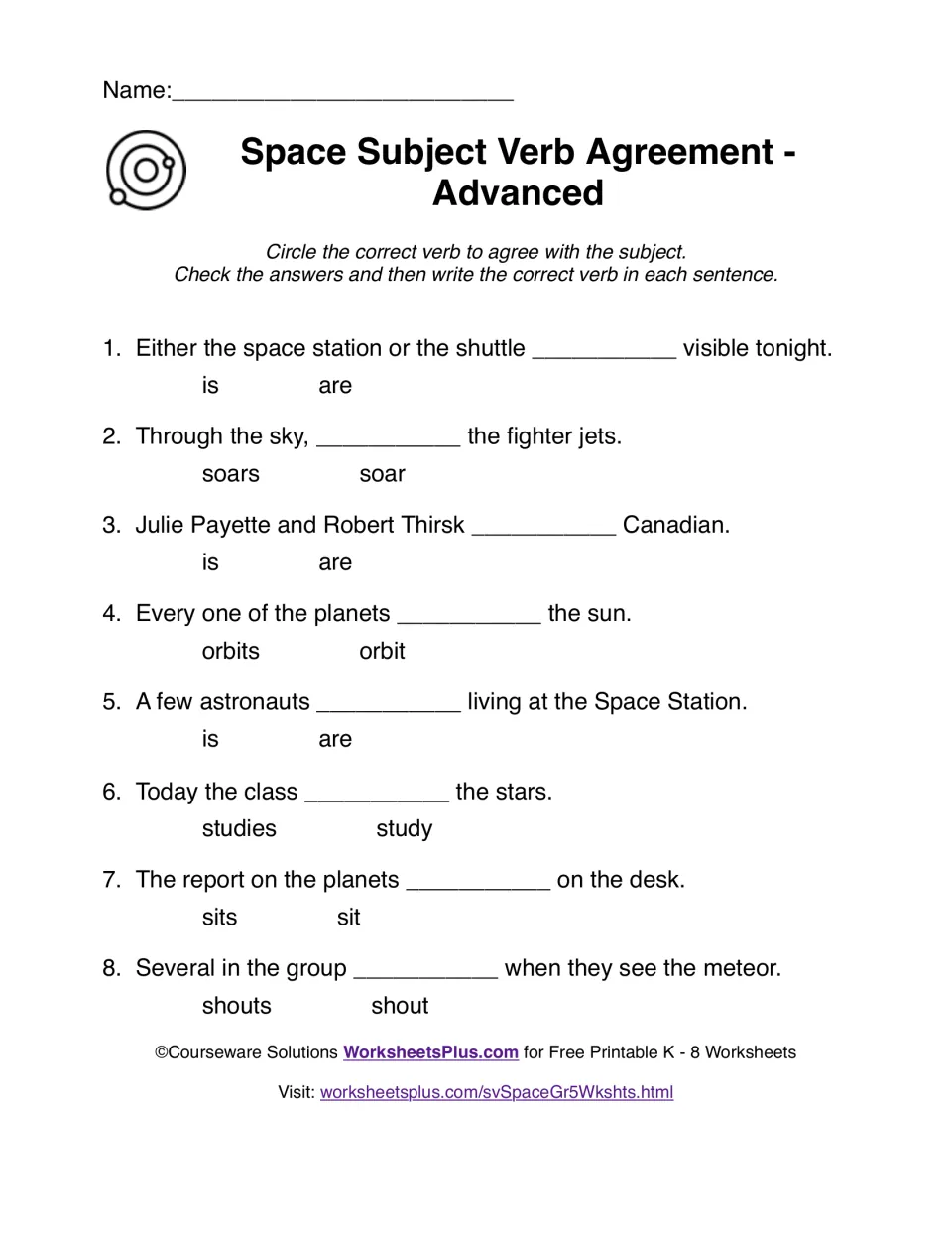Compound and indefinite subjects in space sentences: students choose is/are, orbits/orbit, sits/sit and more in 8 items