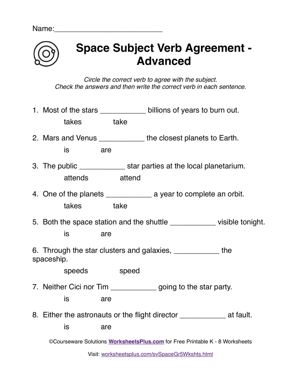 Either/or, neither/nor and both/and subjects: students circle the verb that agrees in each of 8 space-themed sentences