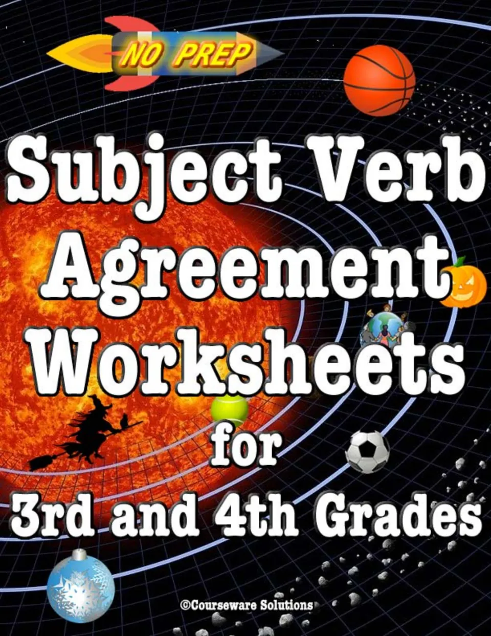 Cover: Subject Verb Agreement Worksheets for 3rd and 4th Grades, marked no prep, over a solar system and sports balls