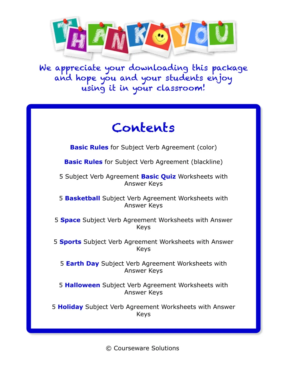 Thank-you note and contents list: basic rules plus quiz, basketball, space, sports, Earth Day, Halloween and holiday sets