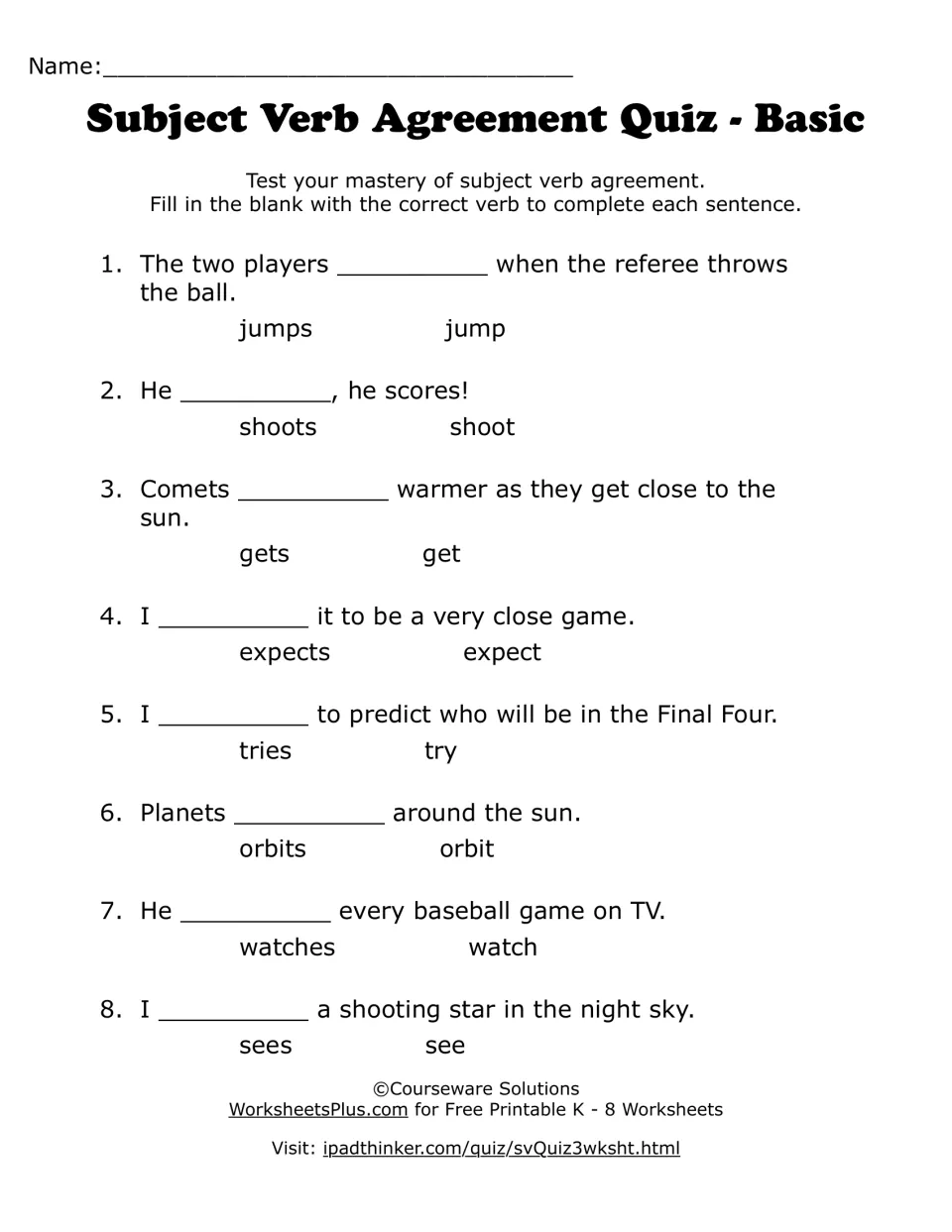 Subject-verb agreement quiz with I, He and plural subjects: students choose jumps or jump, tries or try and 6 more pairs