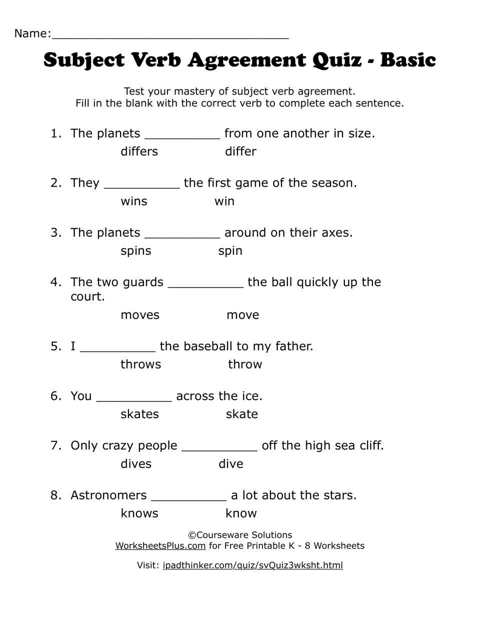 Subject-verb agreement quiz on planets, sports and You: students choose differs or differ, skates or skate and more