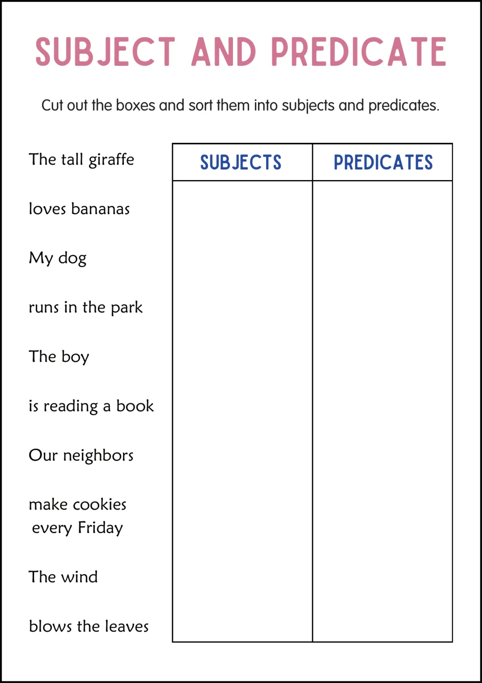 Sorting sentence parts: students cut out 10 phrases like The tall giraffe and loves bananas, then sort them into two lists