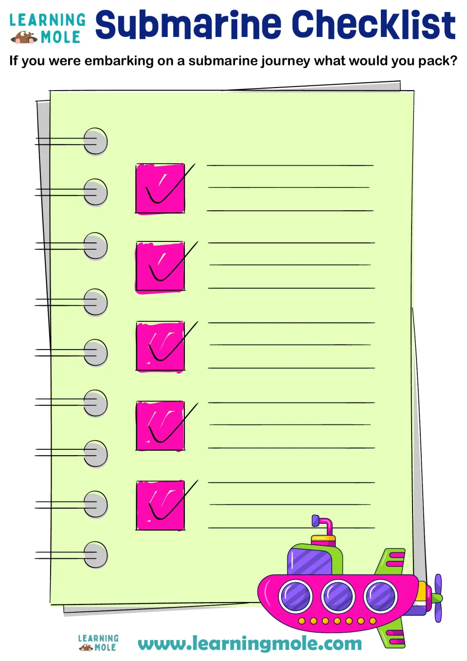 Submarine Checklist: students list five items they would pack for a submarine journey, writing beside each checkmark