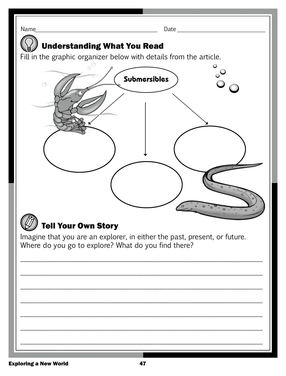 Understanding What You Read graphic organizer on submersibles, plus a Tell Your Own Story explorer writing prompt