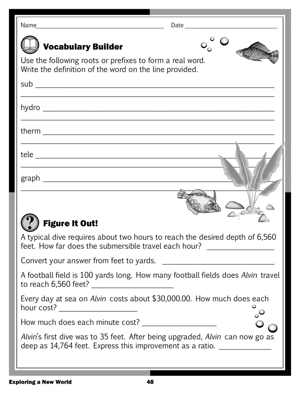 Vocabulary Builder roots sub, hydro, therm, tele, graph, and Figure It Out math on Alvin's dive depth and cost