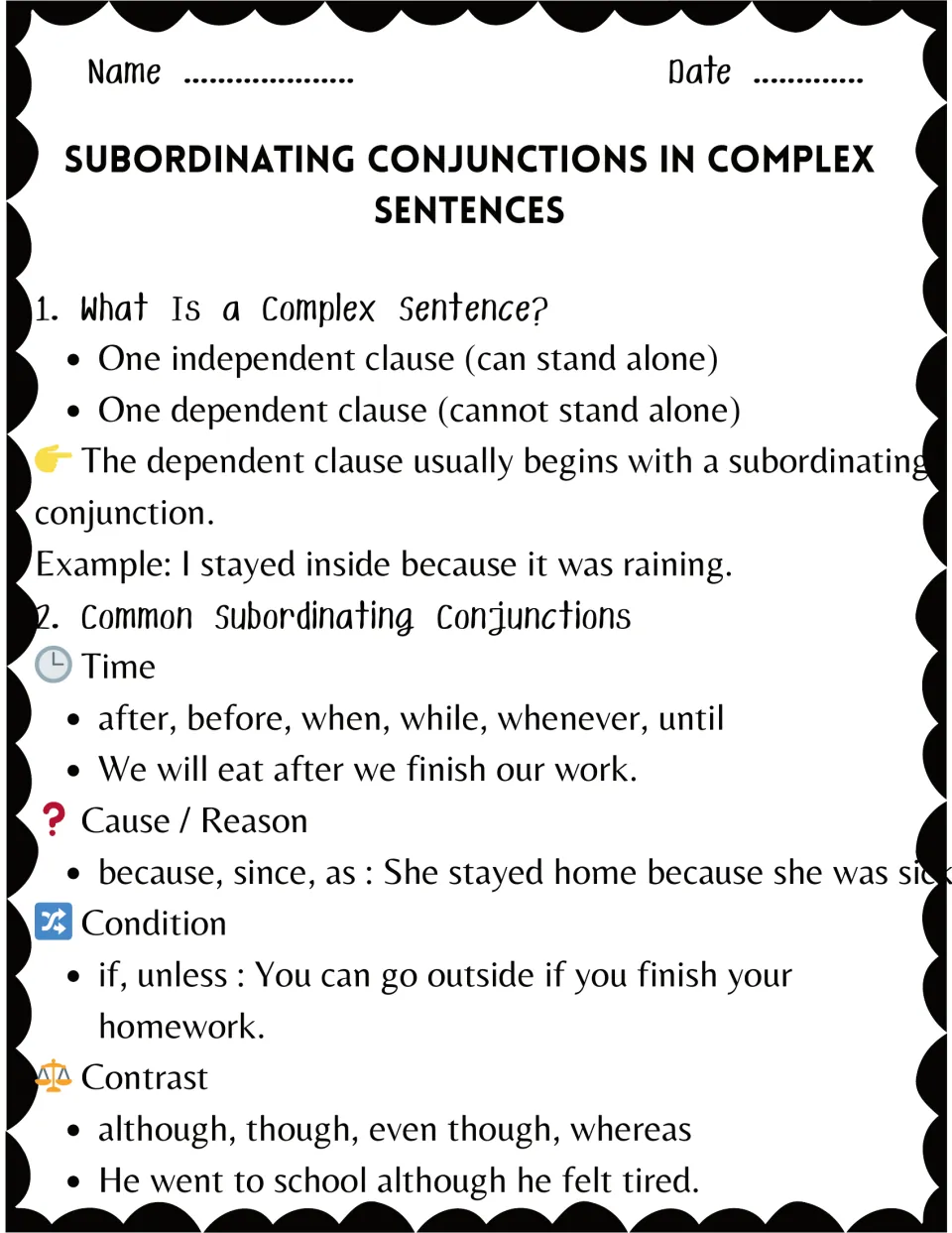 Complex sentences: defines independent and dependent clauses, lists time, cause, condition and contrast conjunctions