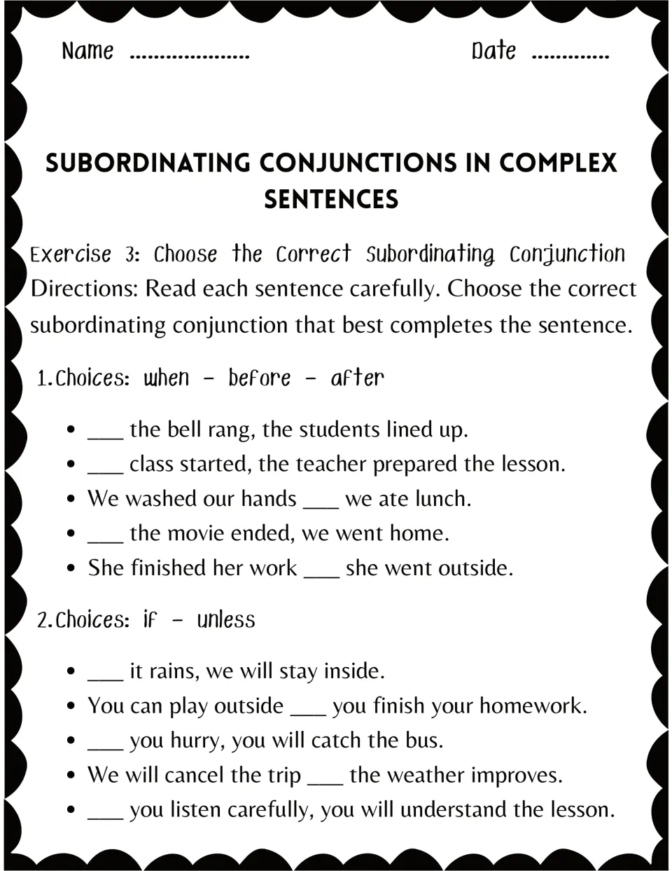 Choosing conjunctions: students fill blanks with when, before or after, then if or unless, in 10 sentences (Exercise 3)