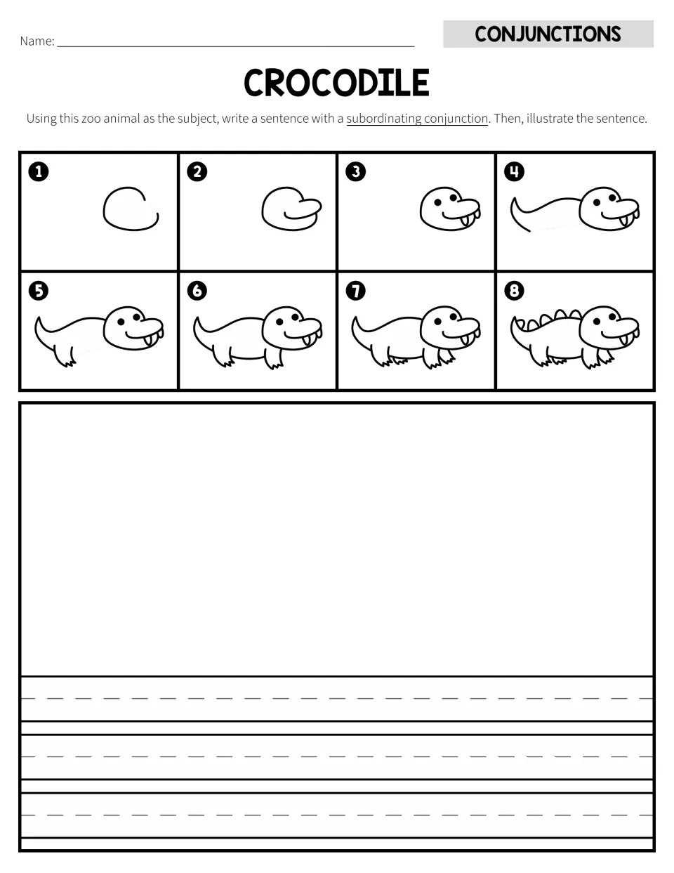 Crocodile activity with eight drawing steps and a subordinating conjunction sentence task, handwriting version