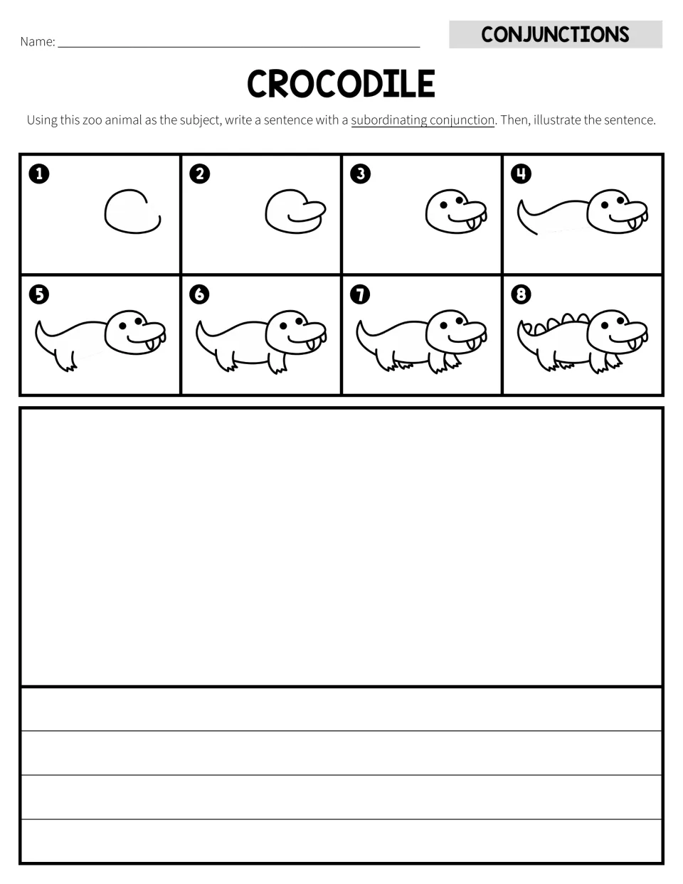 Crocodile activity with eight drawing steps and a subordinating conjunction sentence task, standard writing version