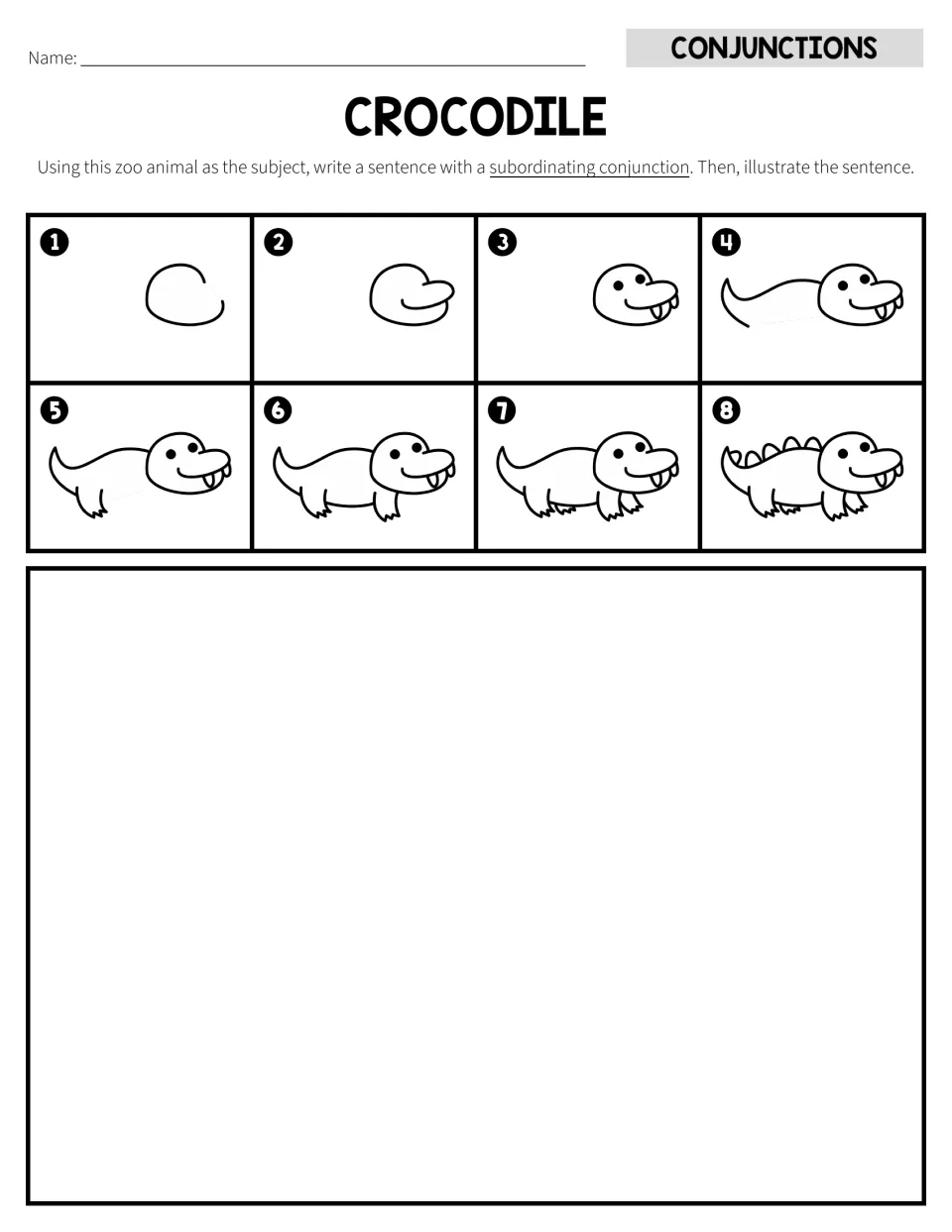 Crocodile activity with eight drawing steps and a subordinating conjunction sentence task, unruled response version
