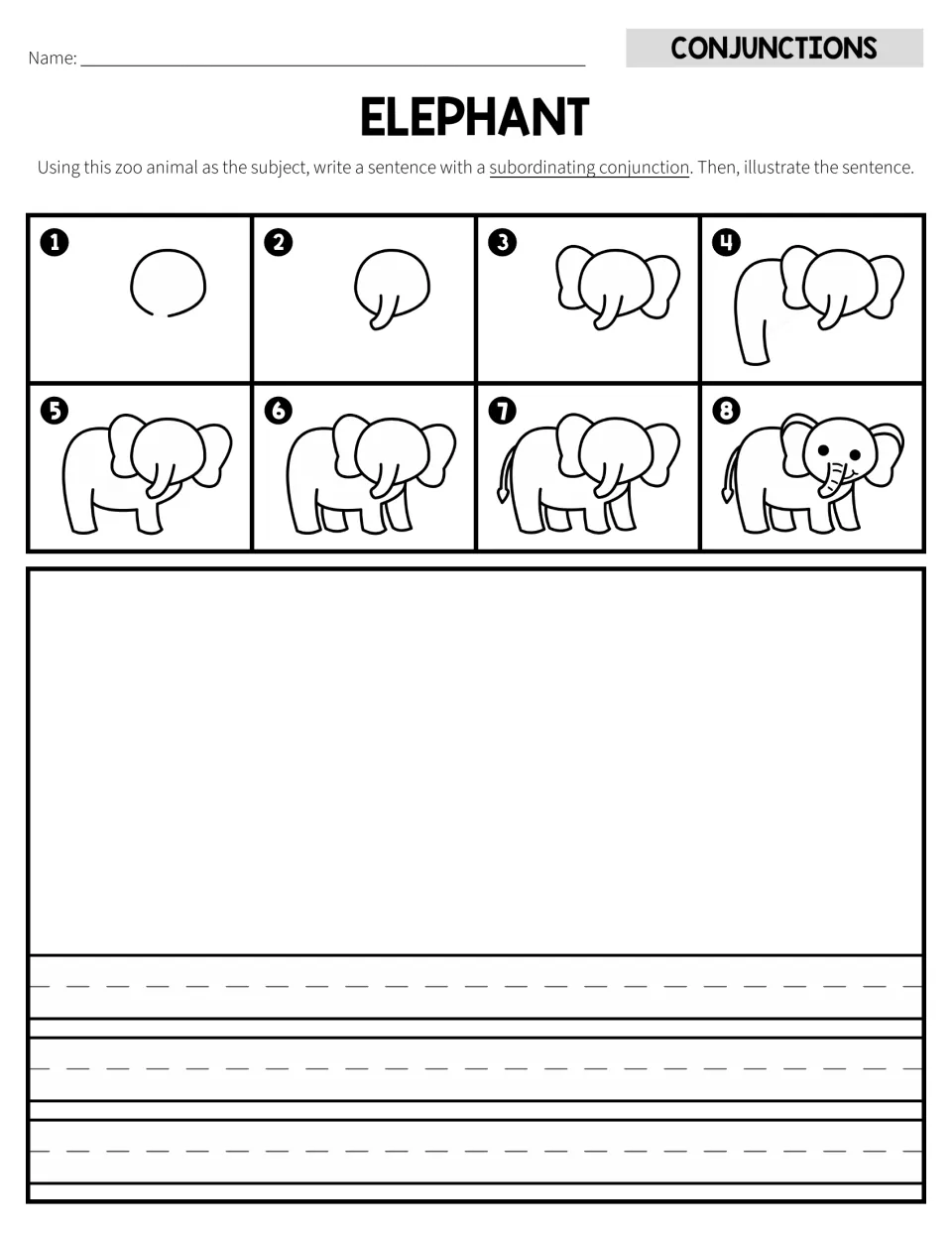 Elephant activity with eight drawing steps and a subordinating conjunction sentence task, handwriting version