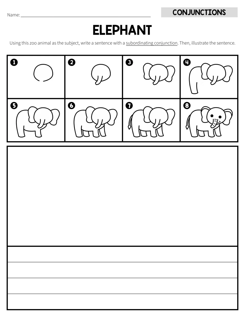 Elephant activity with eight drawing steps and a subordinating conjunction sentence task, standard writing version