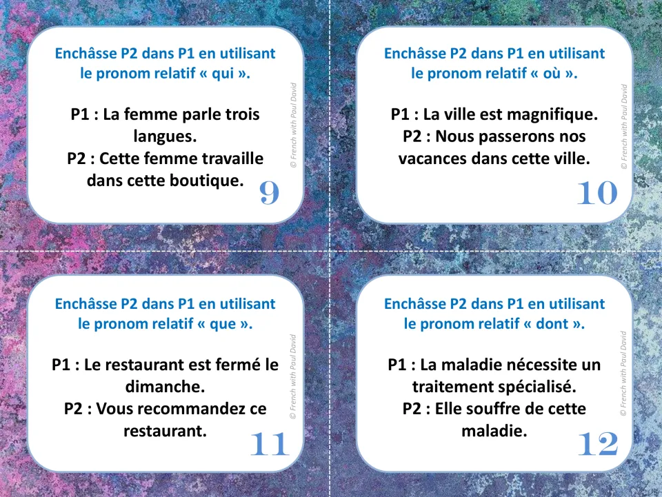 Cards 9-12 on relative pronouns: students combine sentences about a woman, a holiday town, a restaurant and an illness