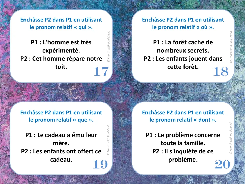 Cards 17-20 on joining clauses: students rewrite pairs about a roofer, a forest, a gift and a problem as one sentence