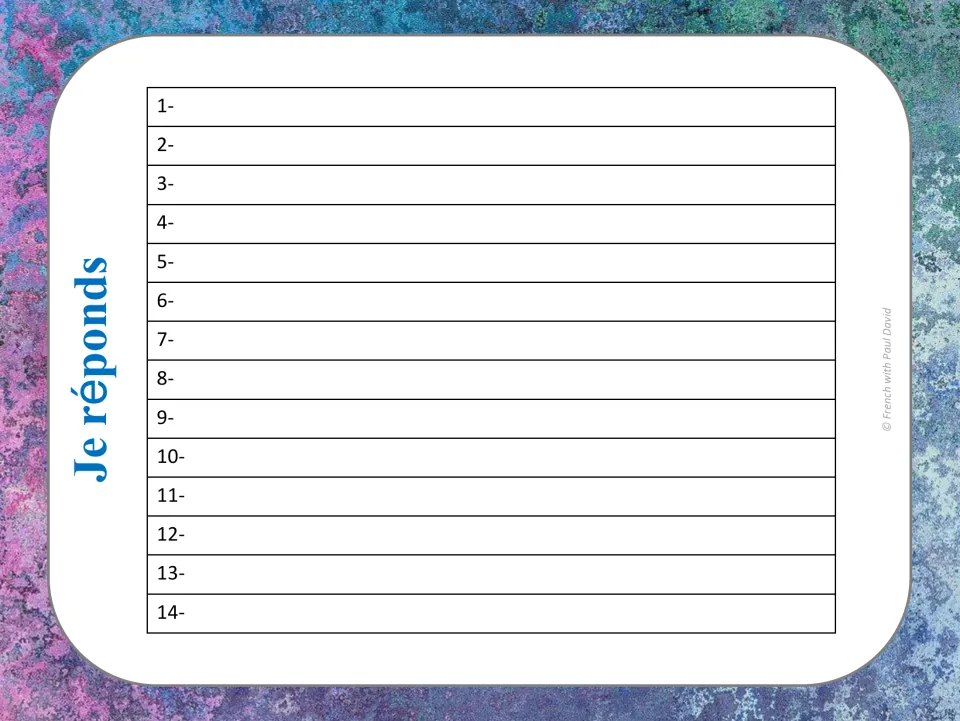 Je réponds recording sheet for items 1-14, where students write each combined sentence with its relative pronoun