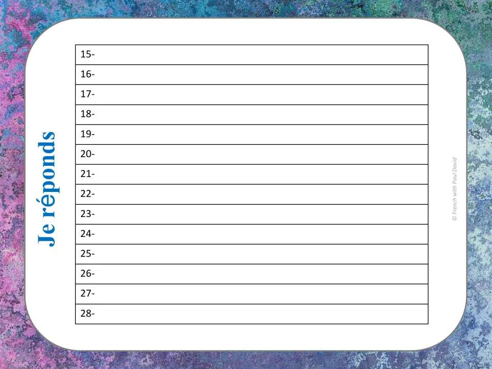 Je réponds response sheet, second half: items 15-28 where students write the remaining joined sentences