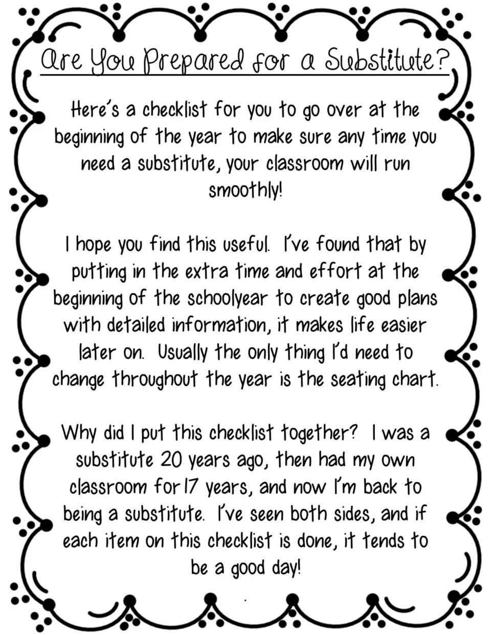 Introduction to the substitute preparation checklist, explaining beginning-of-year planning and its purpose