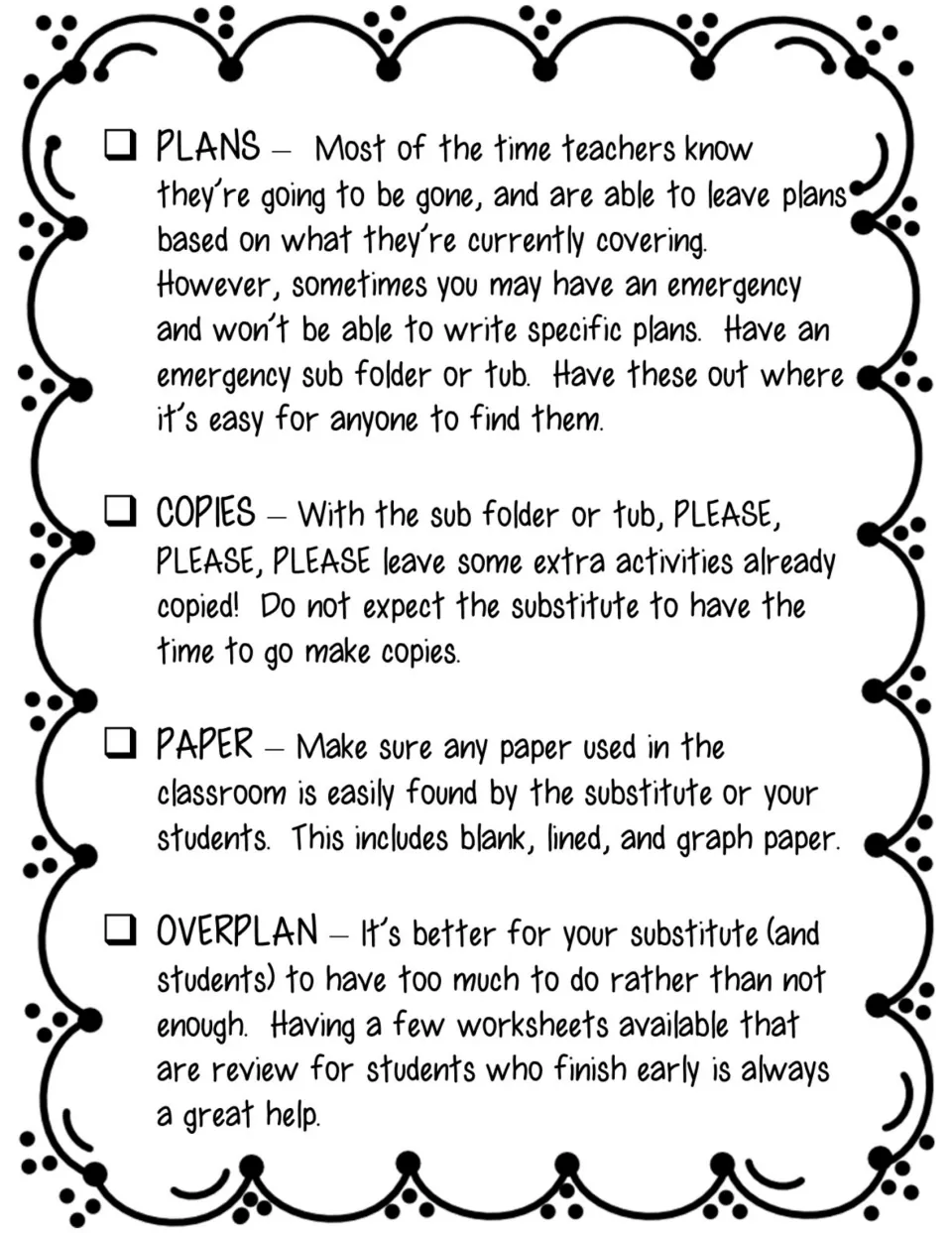 Substitute preparation checklist items 1–4: plans, copies, paper, and overplanning for early finishers