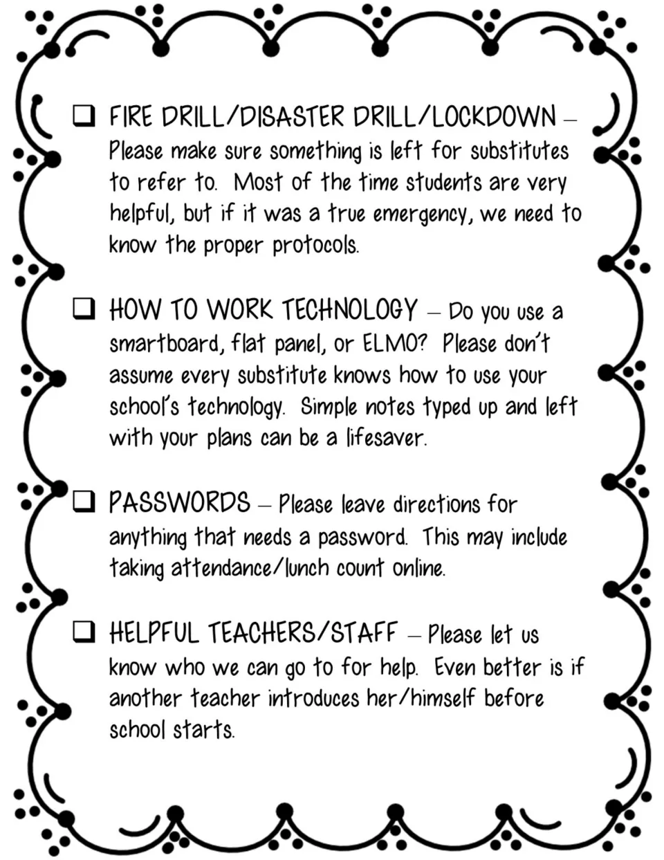 Substitute preparation checklist items 5–8: emergency drills, technology, passwords, and helpful staff