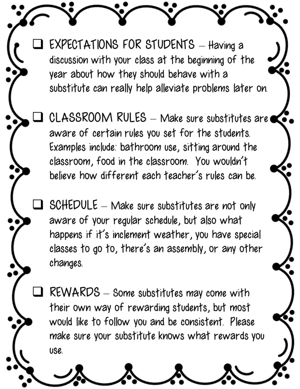 Substitute preparation checklist items 9–12: student expectations, classroom rules, schedule, and rewards