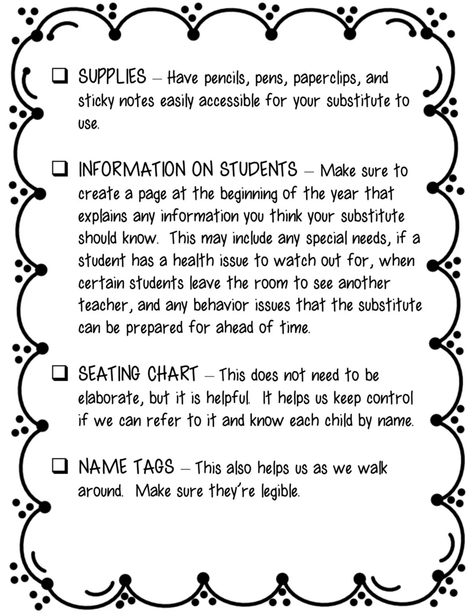 Substitute preparation checklist items 13–16: supplies, student information, seating chart, and name tags