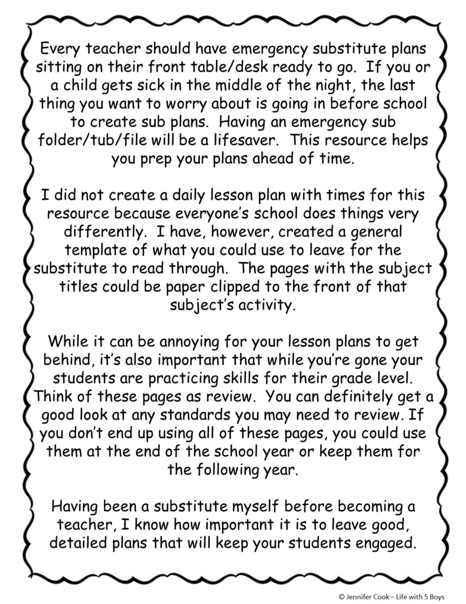 Teacher guidance for preparing emergency substitute plans, organizing subject activities, and using review pages